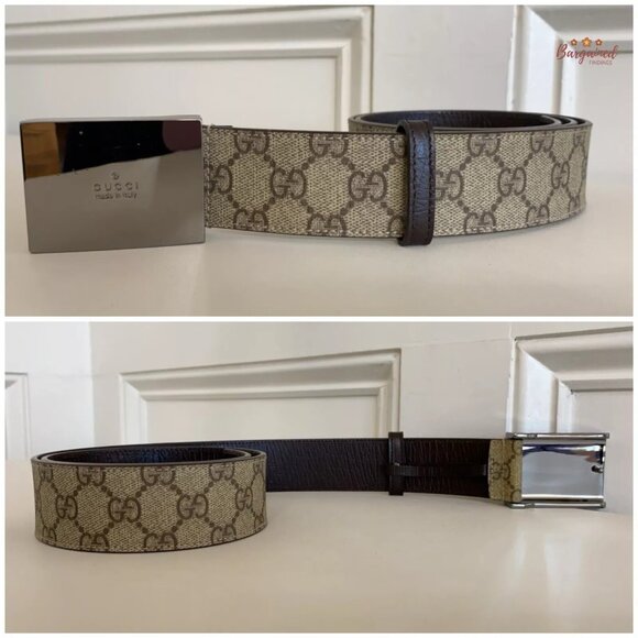 Authentic Gucci Brown GG Plus Monogram Canvas Silver Square Buckle Belt 85/34 - Picture 10 of 13